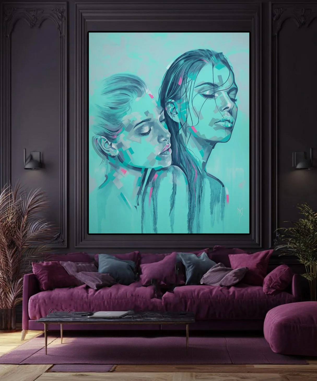 Aqua Reverie print by Michelle Kohler shown in a dark room above a purple sofa (room mockup)