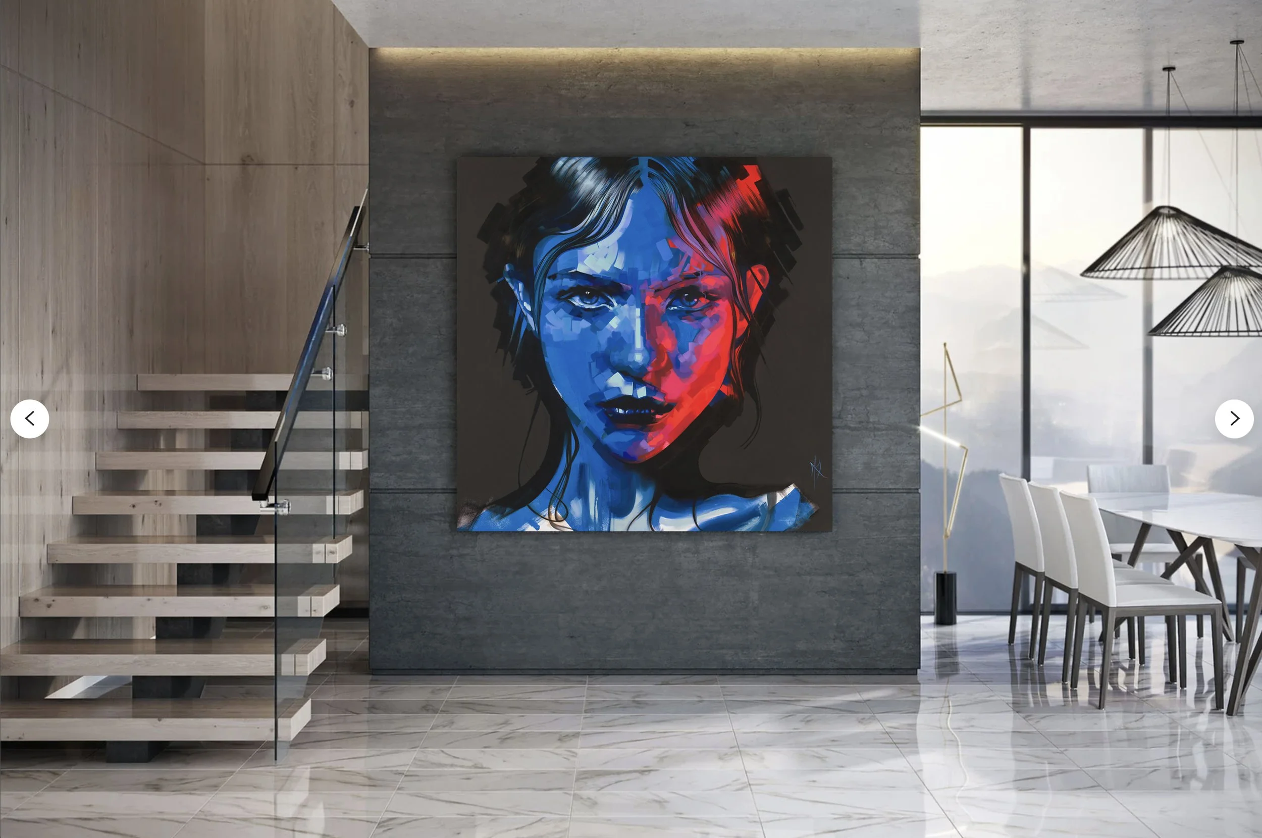 Natalya print by Michelle Kohler shown in a modern entry with a staircase (room mockup)