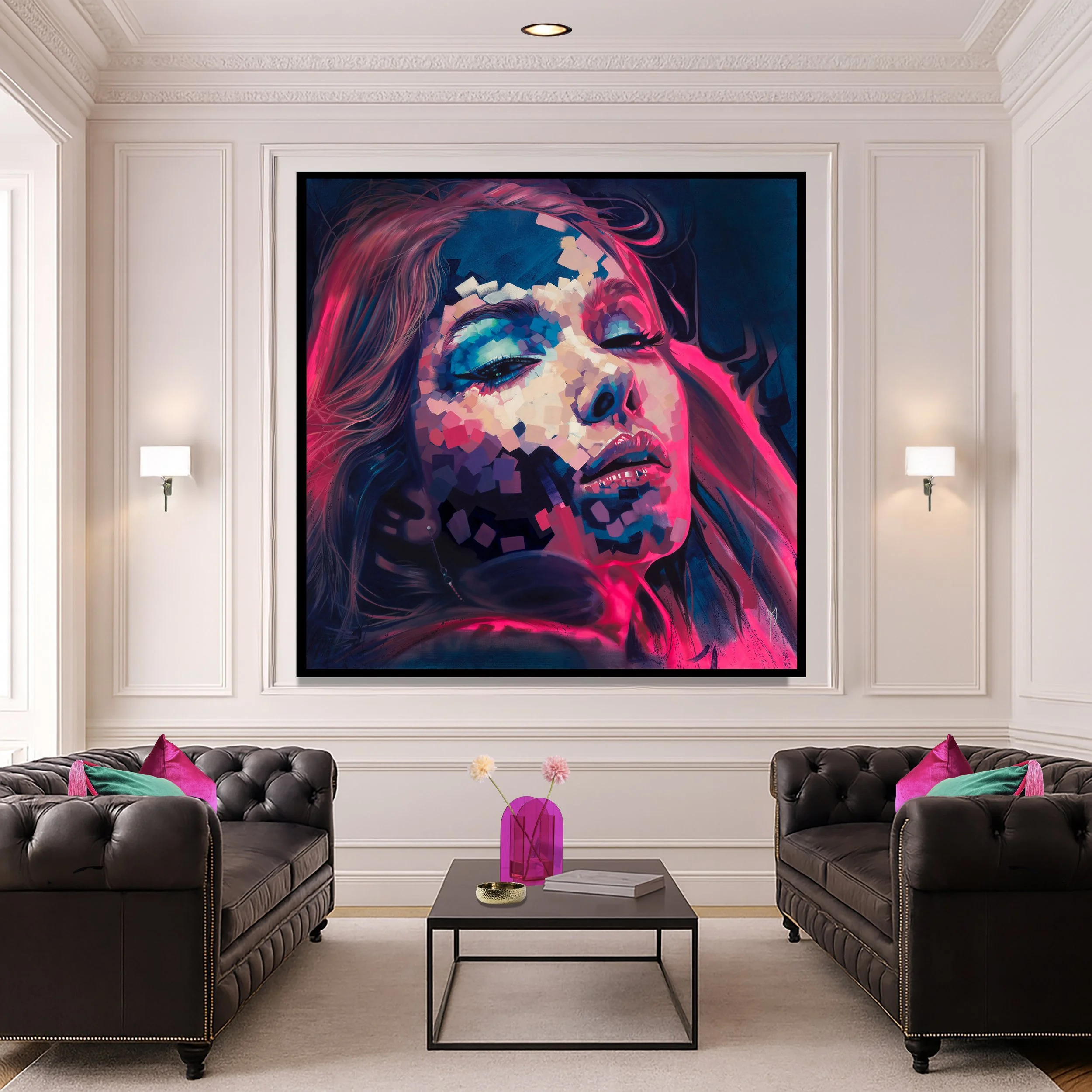 Neon Dreams print by Michelle Kohler shown in a white living room (room mockup)