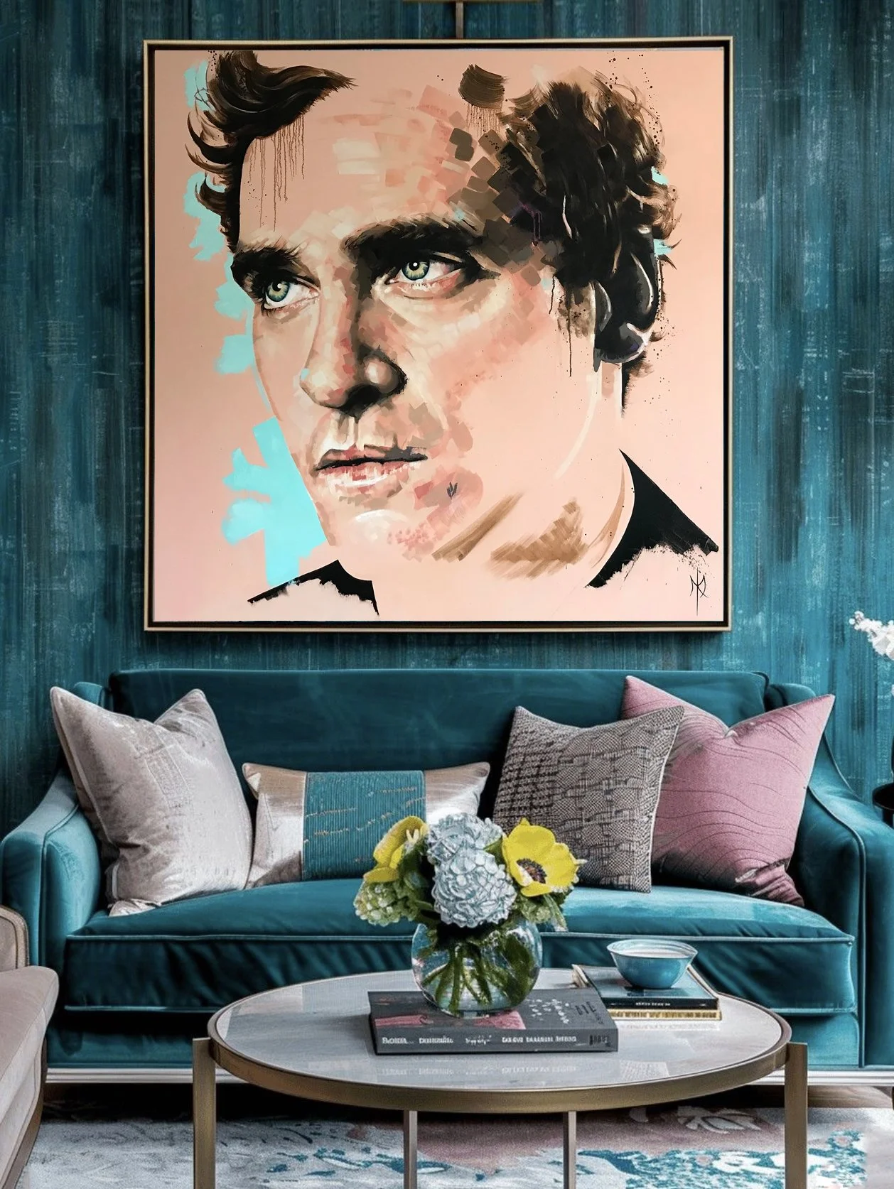Joaquin Phoenix portrait print by Michelle Kohler shown in a teal living room (room mockup)