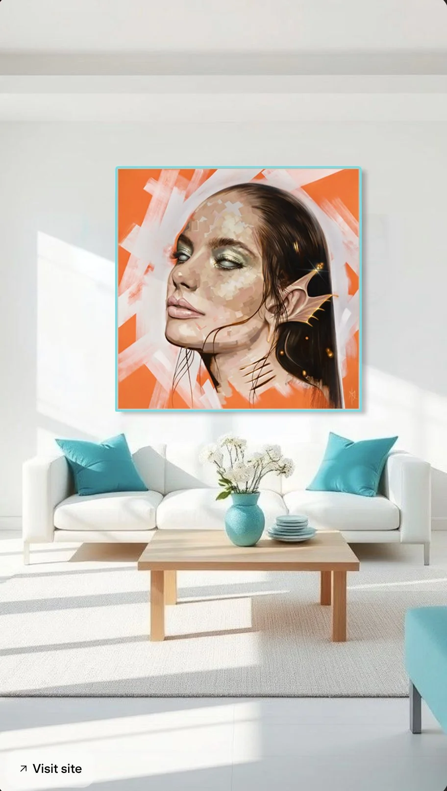 Amphitrite, Queen of the Seas print by Michelle Kohler shown in a white living room (room mockup)