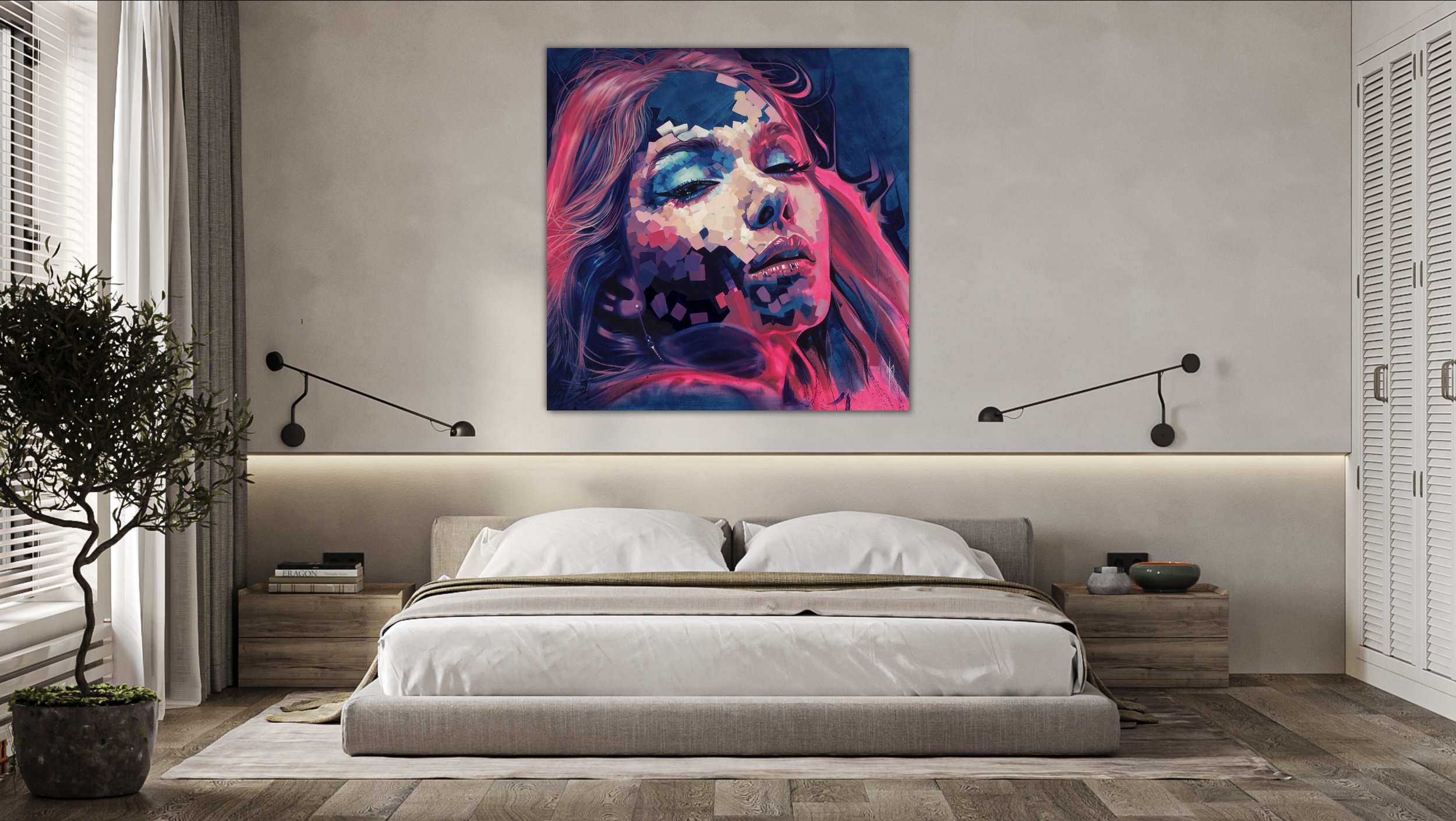 Neon Dreams print by Michelle Kohler shown in a bedroom (room mockup)