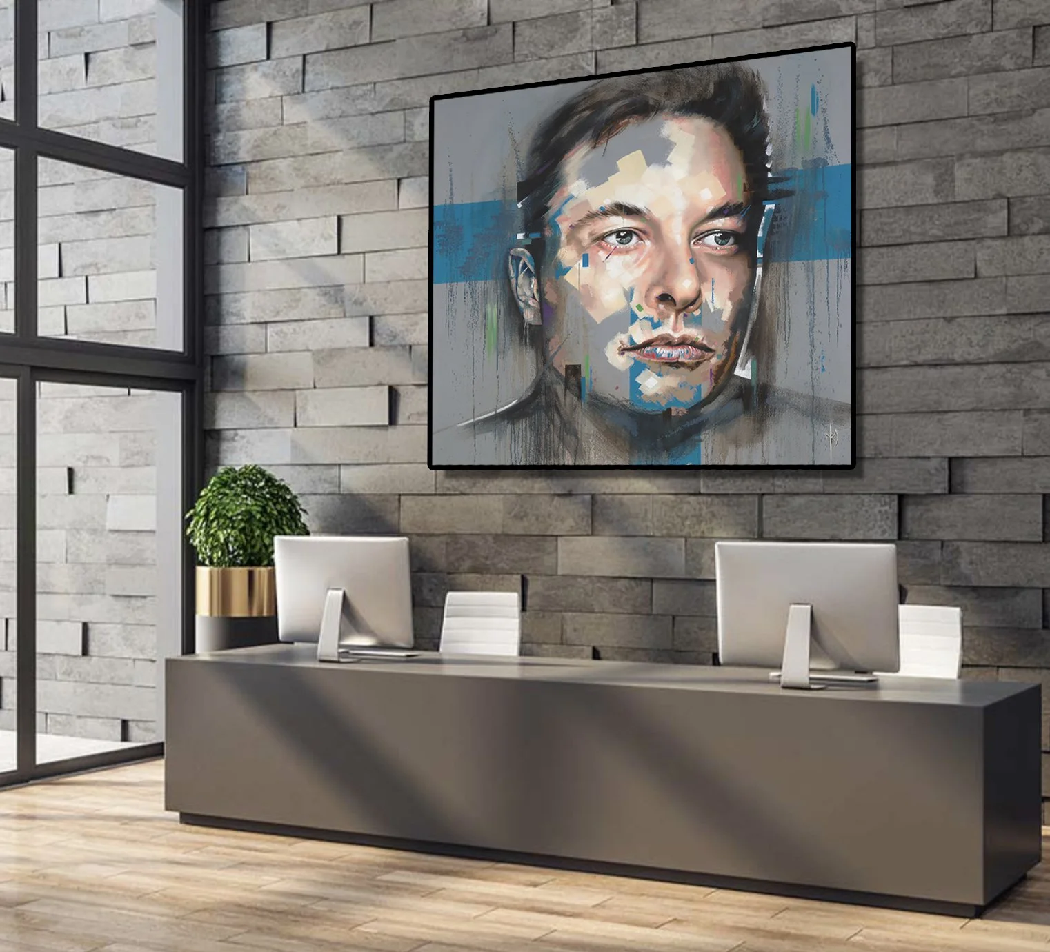 Elon Musk portrait print by Michelle Kohler shown in an office reception (room mockup)