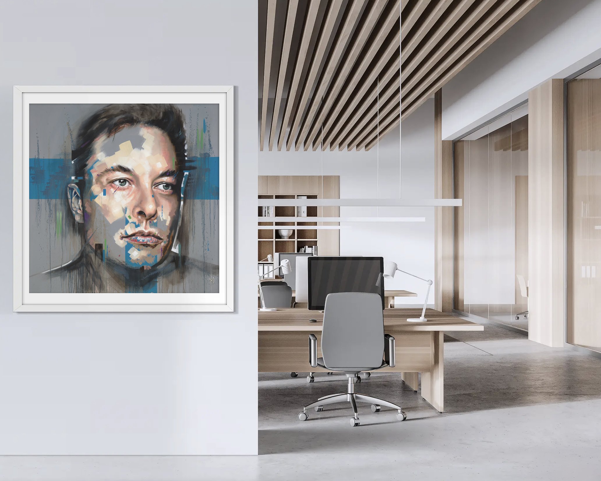 Elon Musk portrait print by Michelle Kohler shown in an office (room mockup)