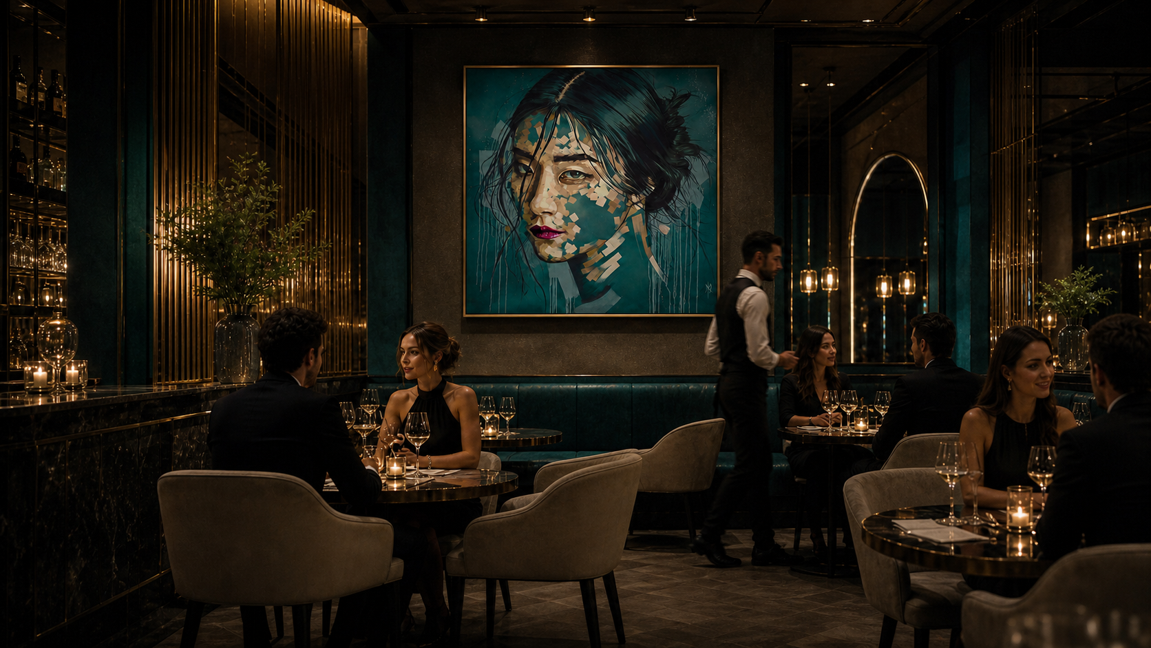 Enduring print by Michelle Kohler shown in a restaurant (room mockup)