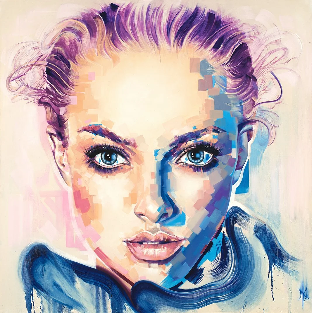 Amanda by Michelle Kohler, portrait of a woman with violet hair in blue and pink
