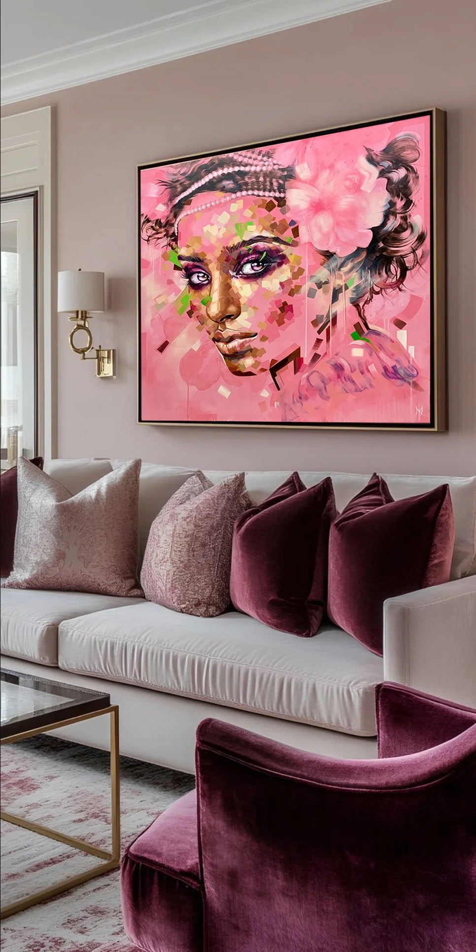Crowned in Bloom print by Michelle Kohler shown in a living room (room mockup)