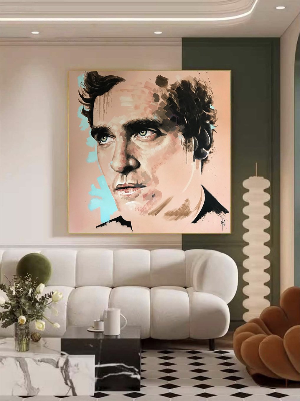 Joaquin Phoenix portrait print by Michelle Kohler shown in a lounge (room mockup)