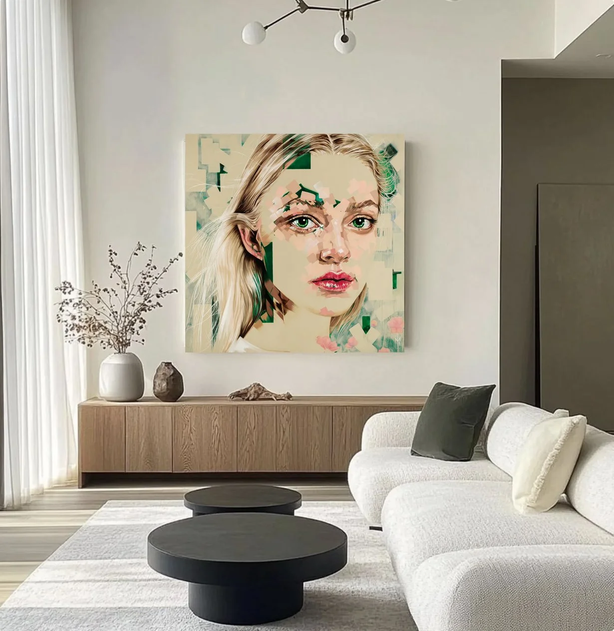 L'Innocent print by Michelle Kohler shown in a modern living room (room mockup)