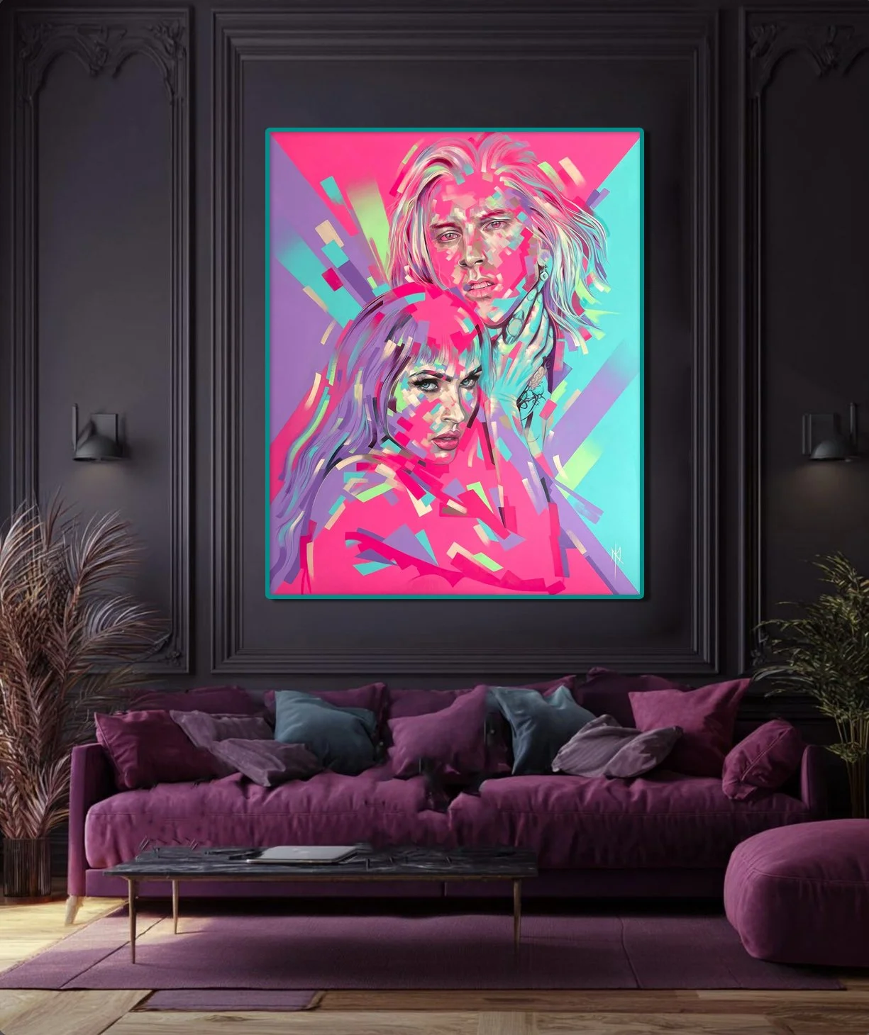 Fractured Icons print by Michelle Kohler shown in a dark room above a purple sofa (room mockup)