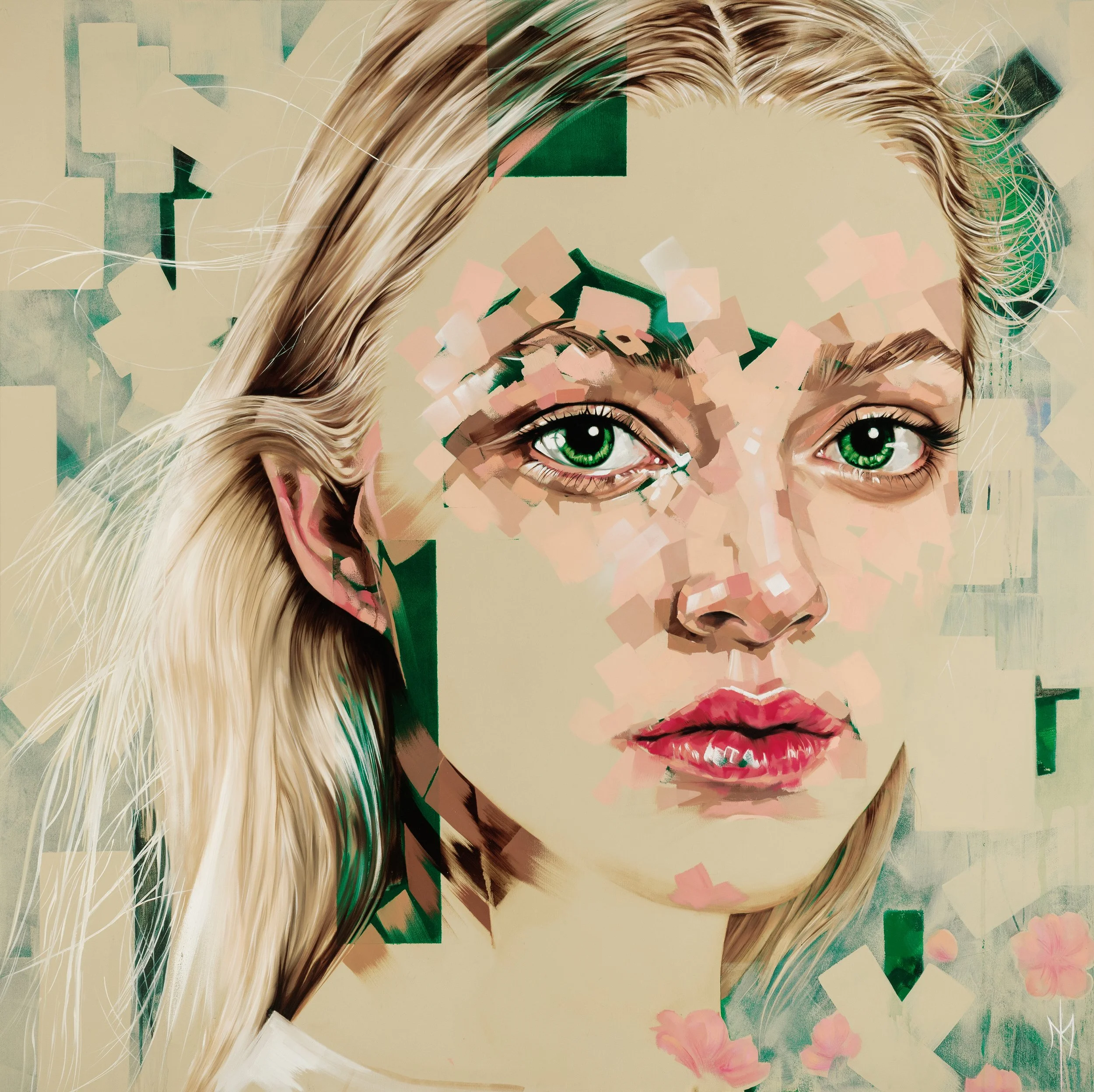 L'Innocent by Michelle Kohler, portrait of a blonde woman with green and pink geometric fragments