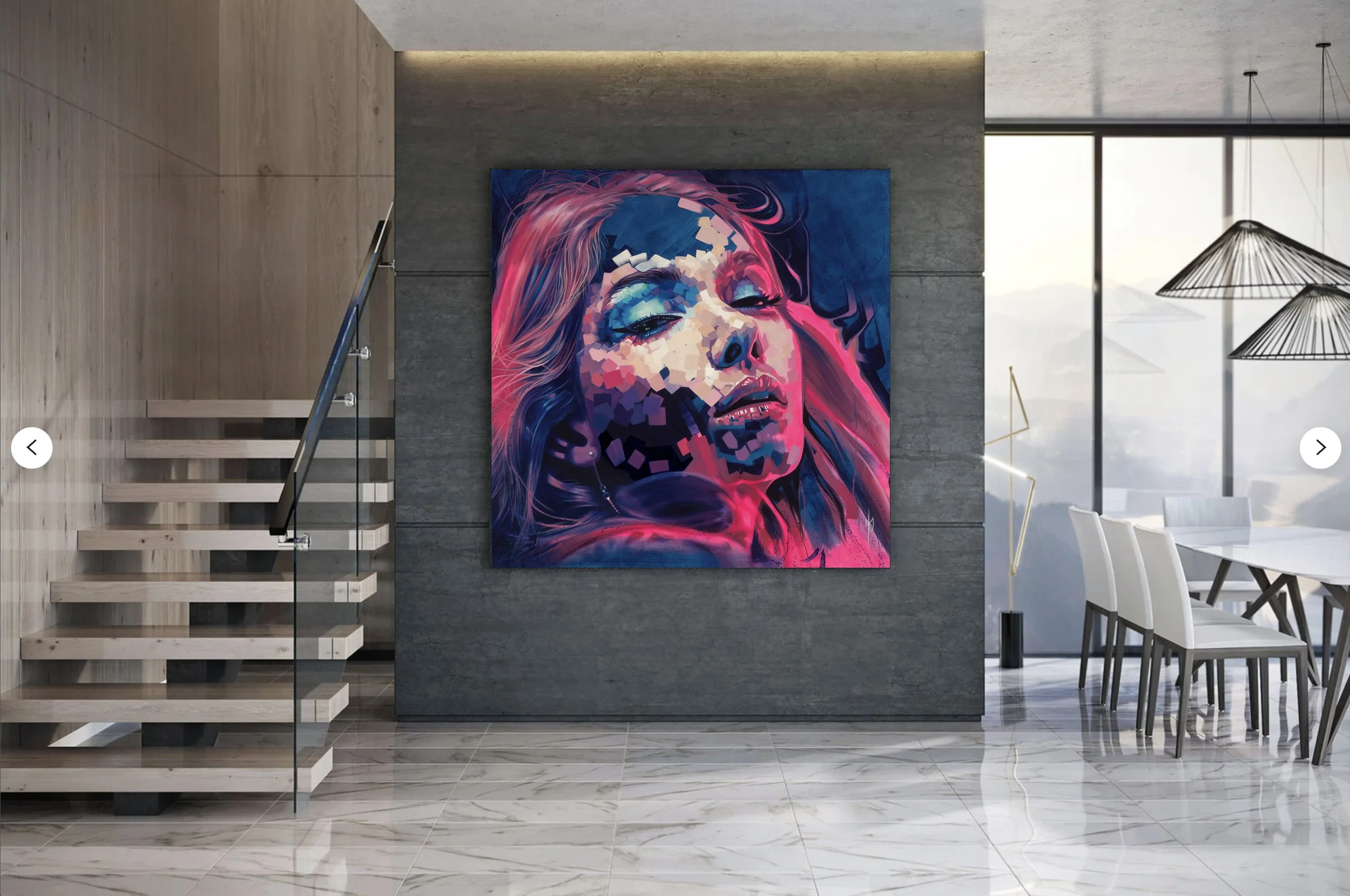 Neon Dreams print by Michelle Kohler shown in a modern entry with a staircase (room mockup)