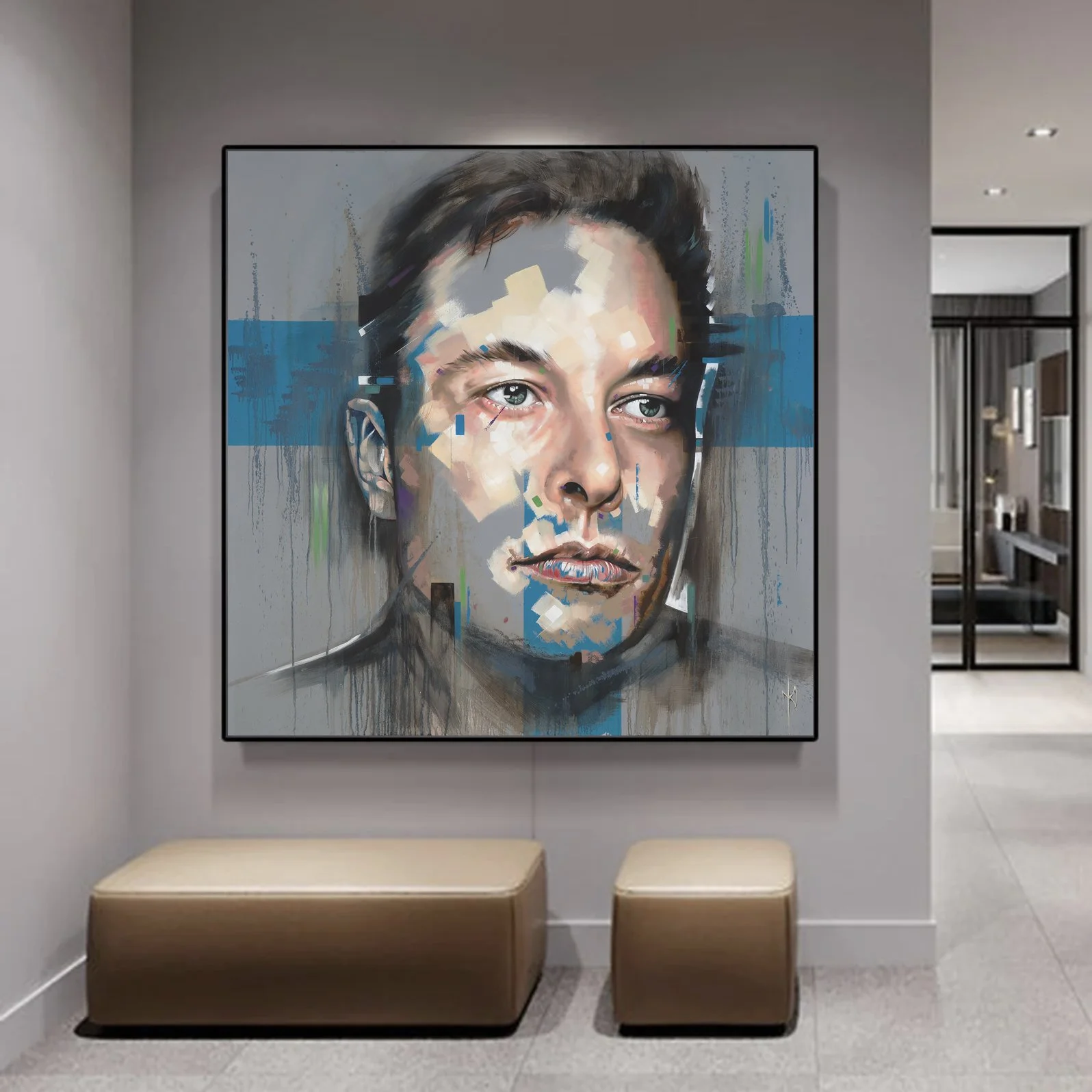 Elon Musk portrait print by Michelle Kohler shown in a gray room with a bench (room mockup)