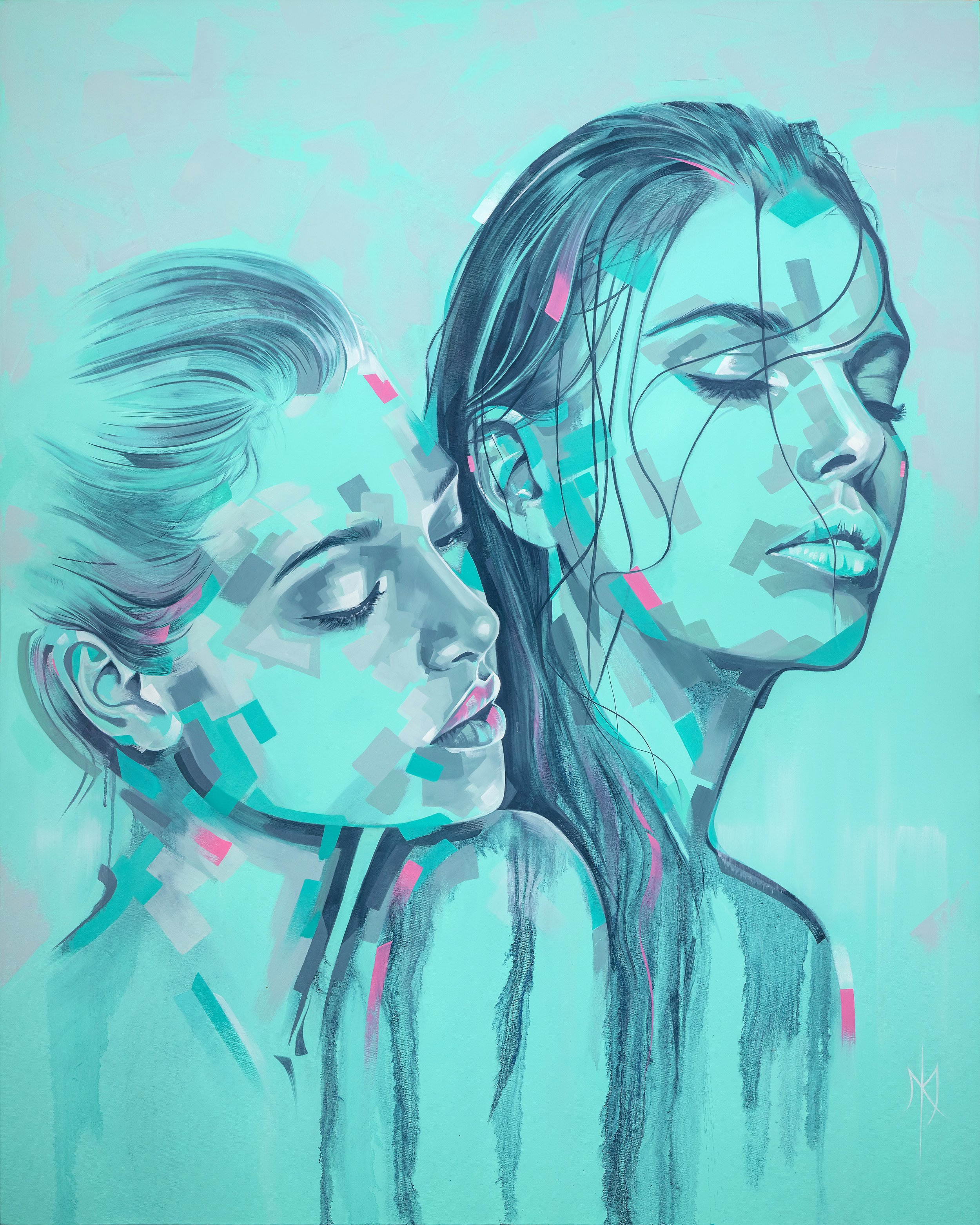 Aqua Reverie by Michelle Kohler, two women with closed eyes painted in shades of turquoise