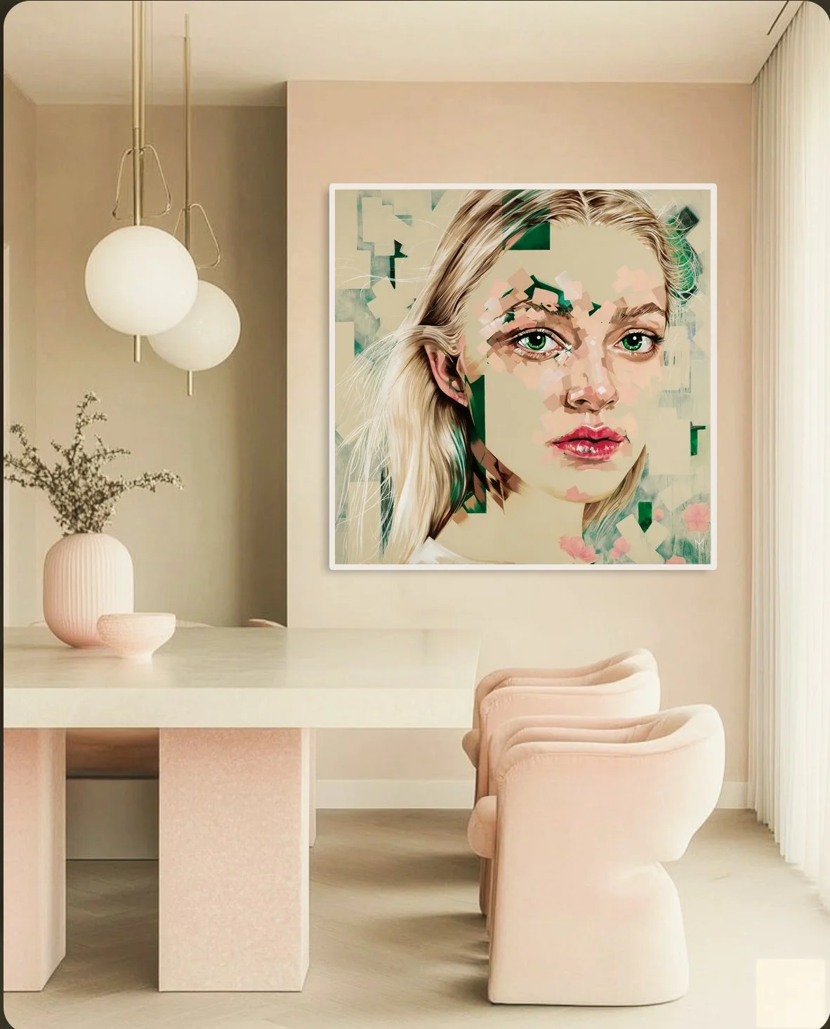 L'Innocent print by Michelle Kohler shown in a pink dining room (room mockup)
