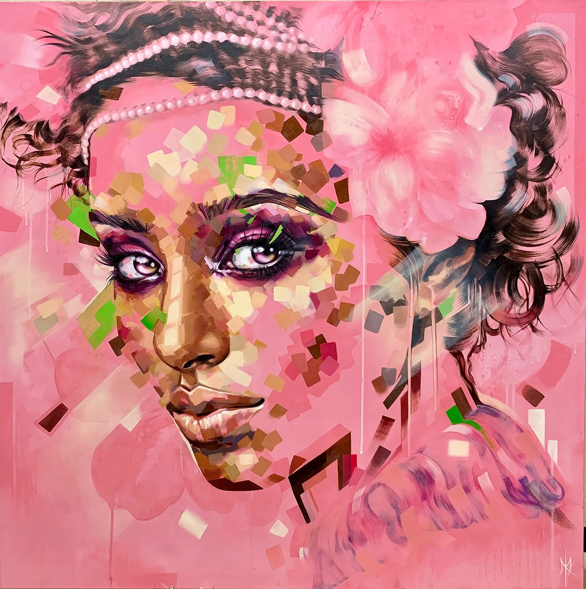 Crowned in Bloom by Michelle Kohler, portrait of a woman wearing pearls among pink flowers