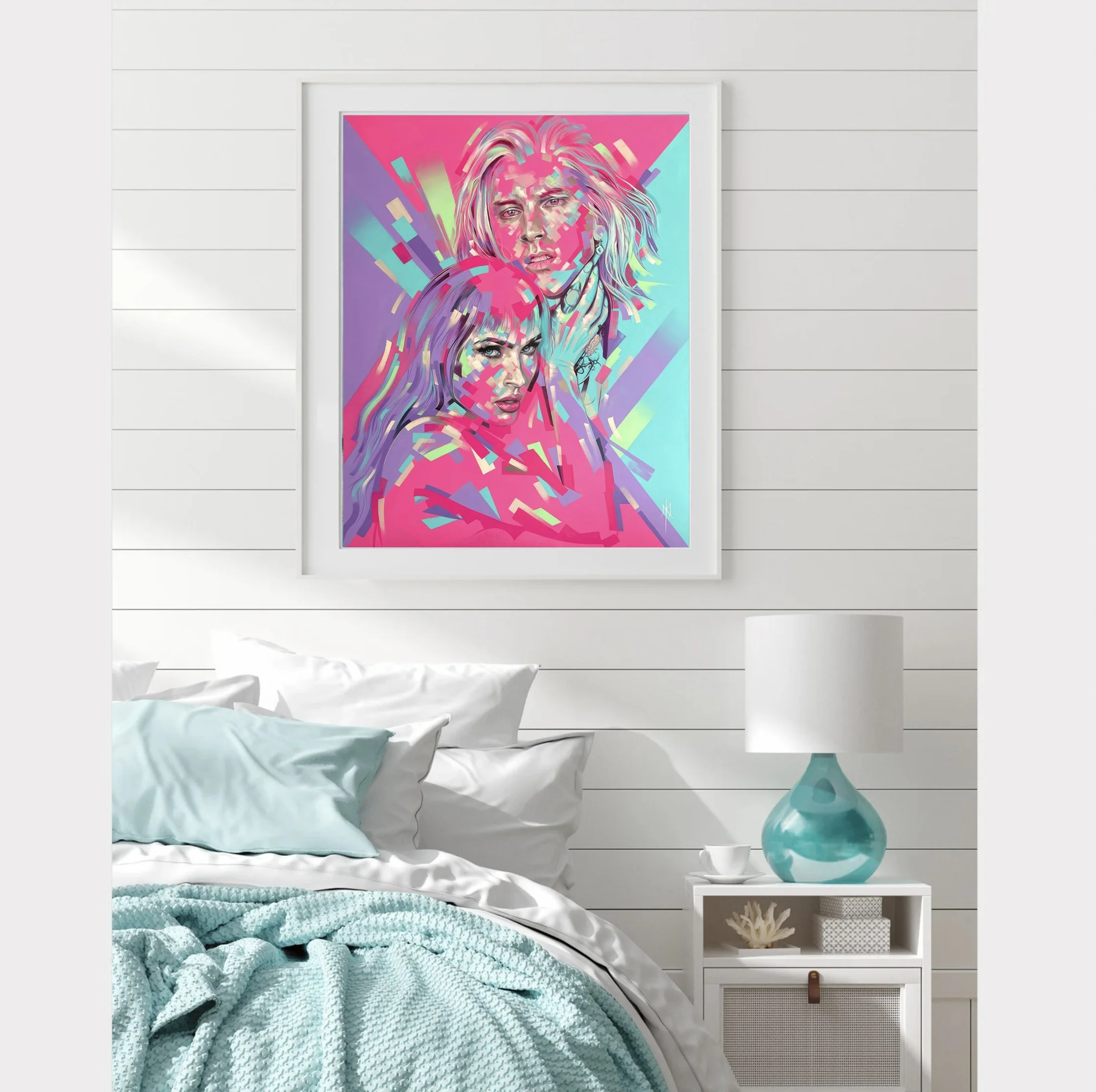 Fractured Icons print by Michelle Kohler shown in a white bedroom (room mockup)