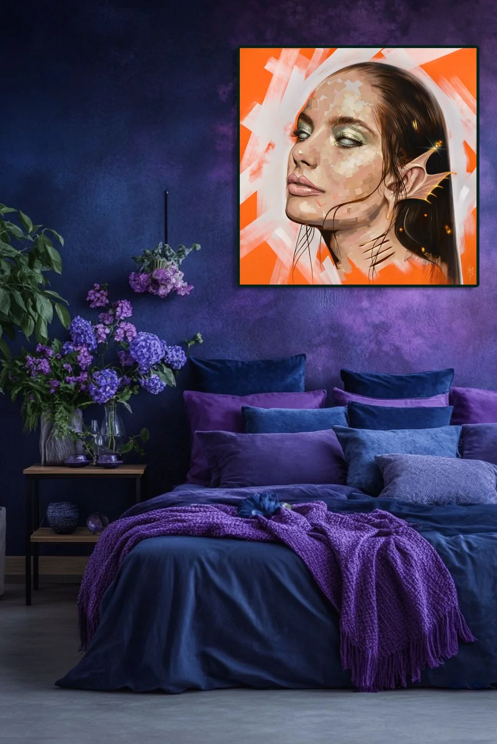 Amphitrite, Queen of the Seas print by Michelle Kohler shown in a purple bedroom (room mockup)