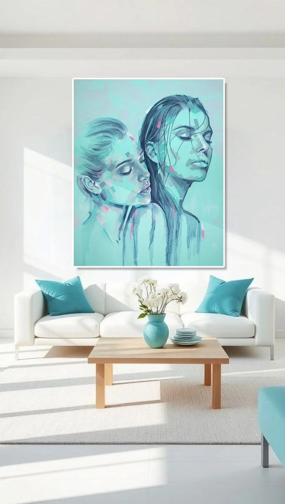 Aqua Reverie print by Michelle Kohler shown in a white living room (room mockup)