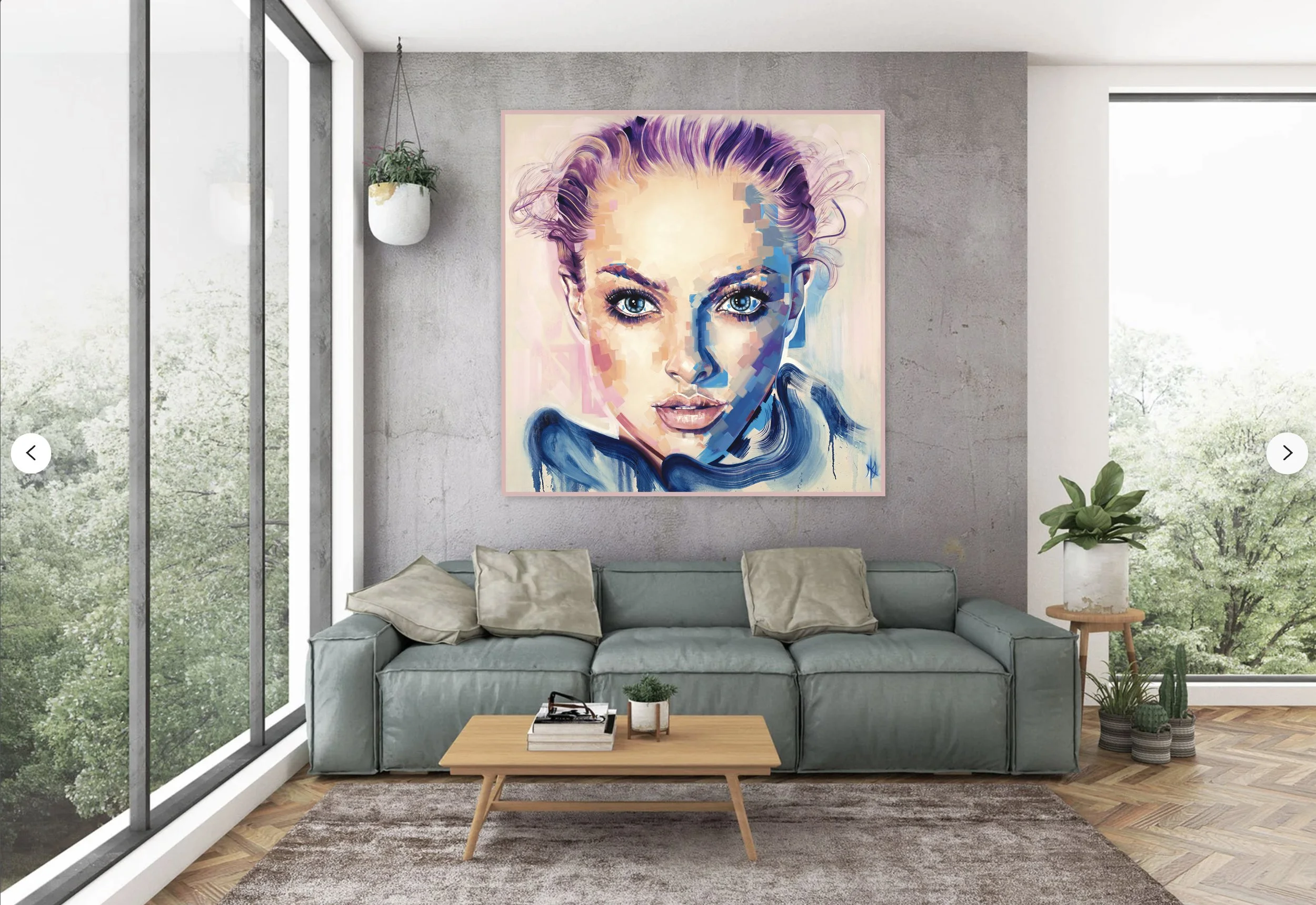 Amanda print by Michelle Kohler shown in a living room with large windows (room mockup)