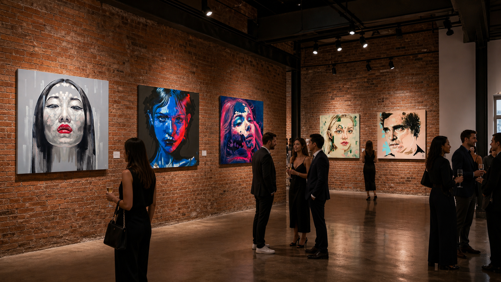 Natalya print by Michelle Kohler shown in a brick gallery with other works by the artist (room mockup)