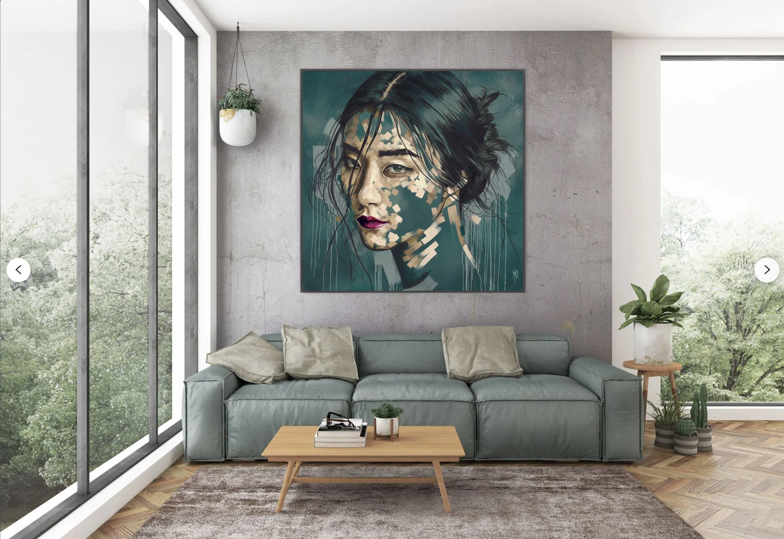 Enduring print by Michelle Kohler shown in a living room with large windows (room mockup)