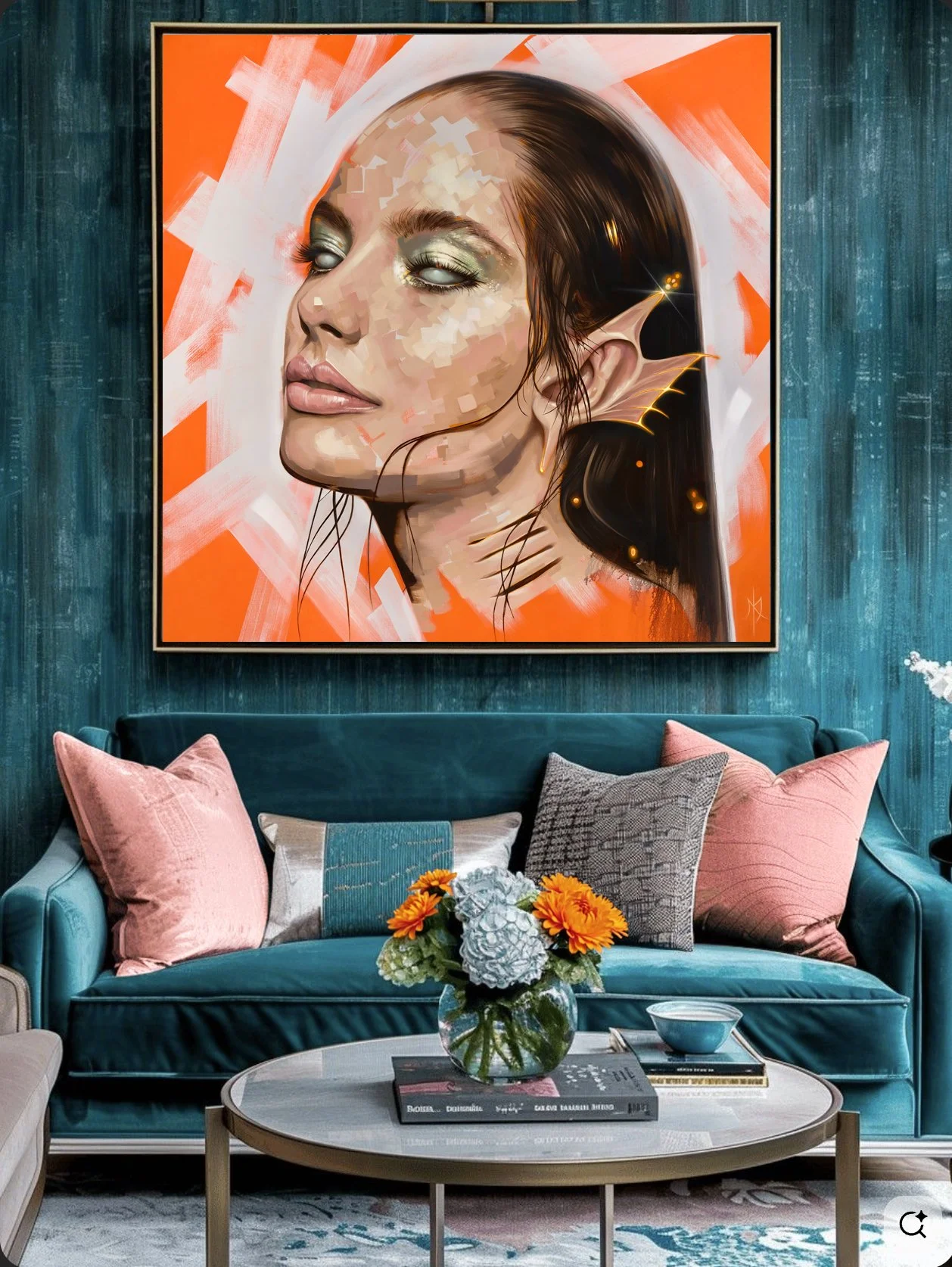 Amphitrite, Queen of the Seas print by Michelle Kohler shown in a teal living room (room mockup)