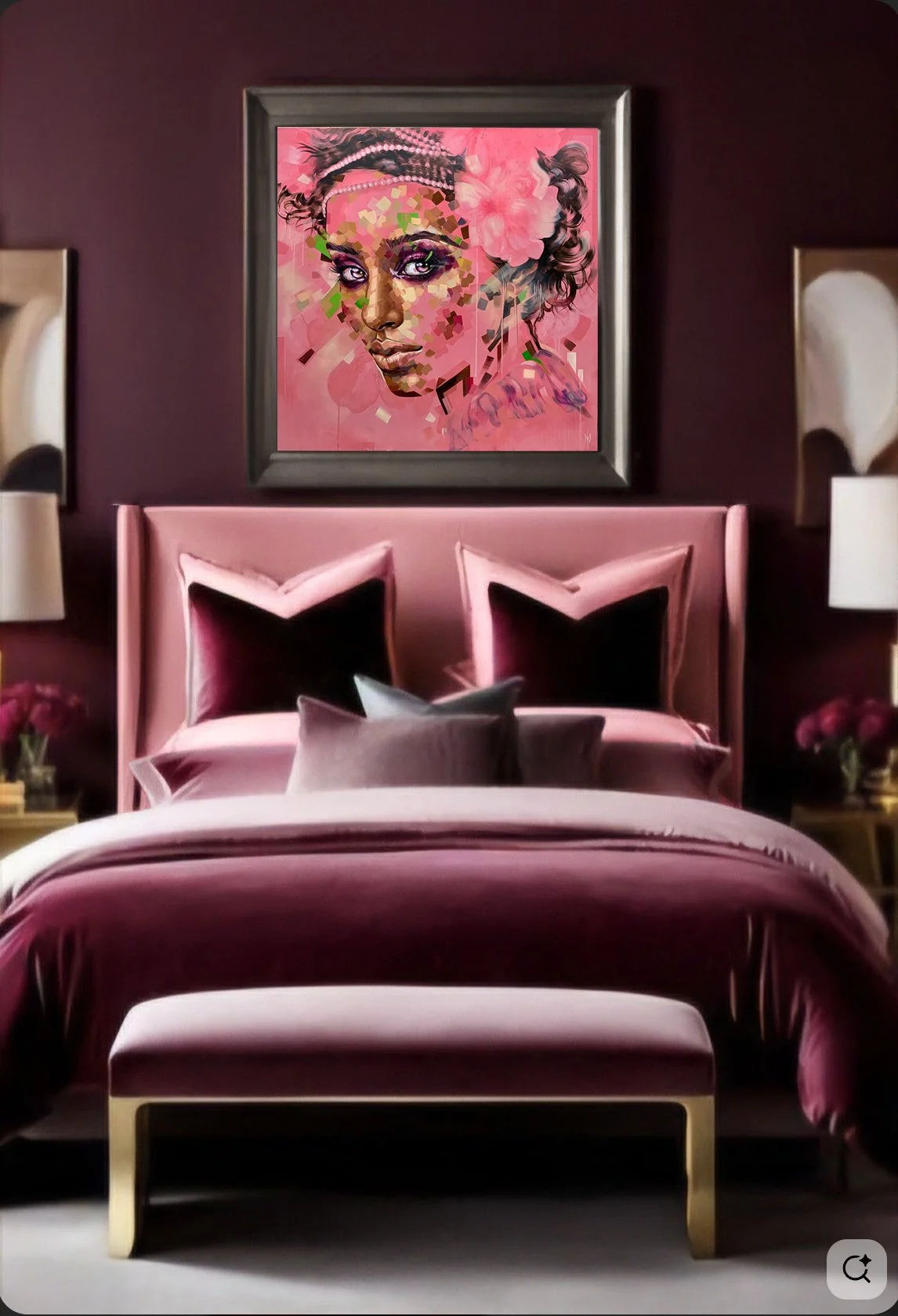 Crowned in Bloom print by Michelle Kohler shown in a burgundy bedroom (room mockup)