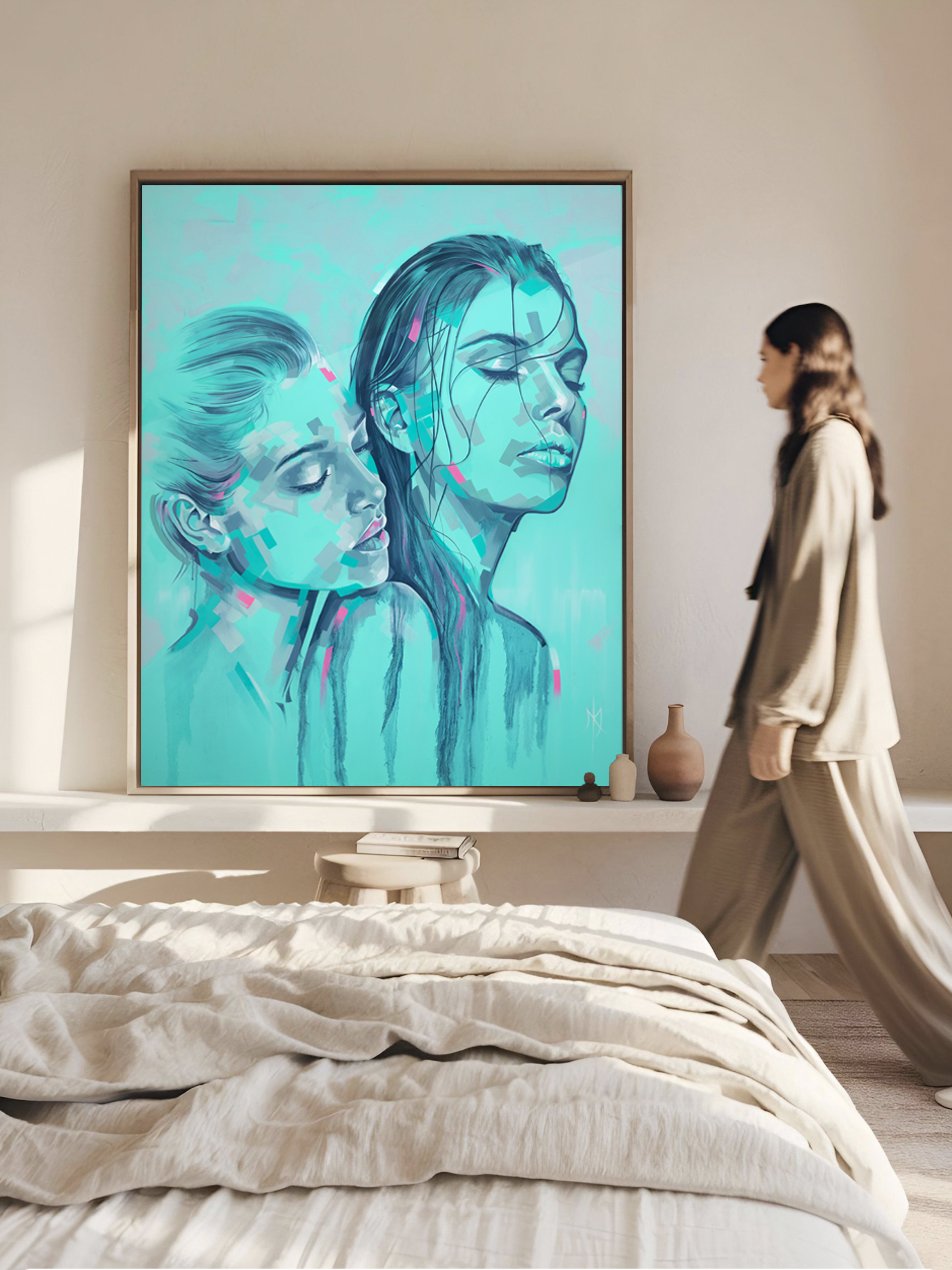 Aqua Reverie print by Michelle Kohler shown in a bedroom (room mockup)