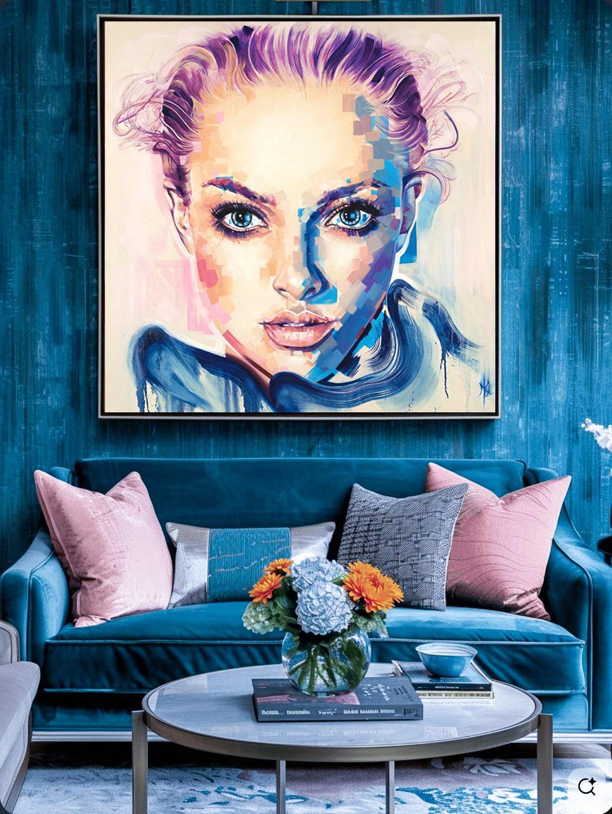 Amanda print by Michelle Kohler shown in a teal living room (room mockup)