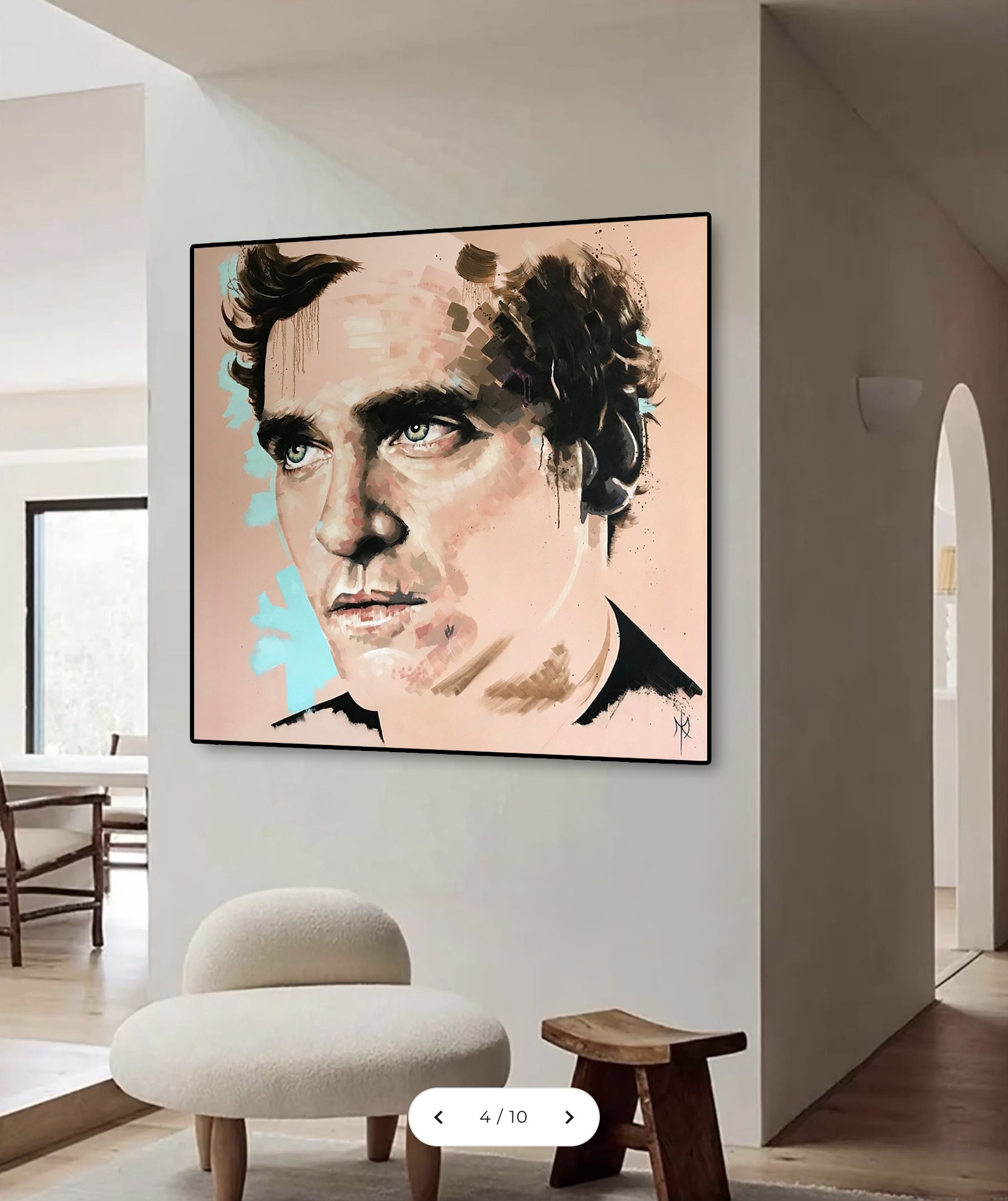 Joaquin Phoenix portrait print by Michelle Kohler shown in a hallway (room mockup)