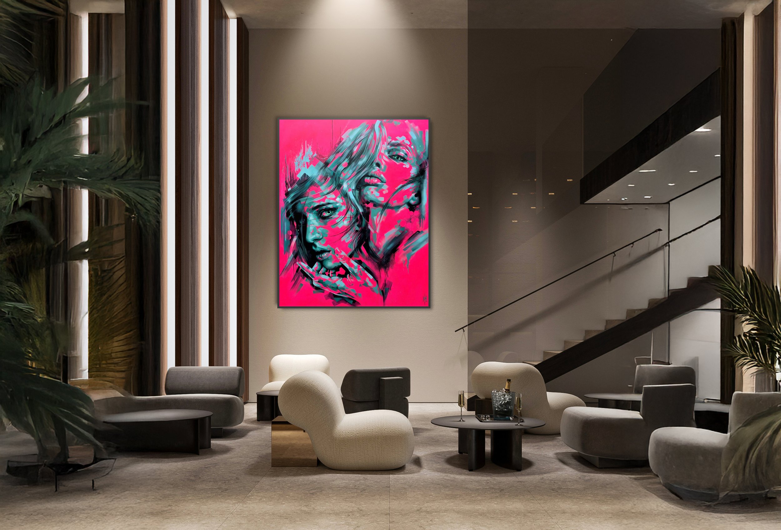 Sugarcoat print by Michelle Kohler shown in a modern lounge (room mockup)