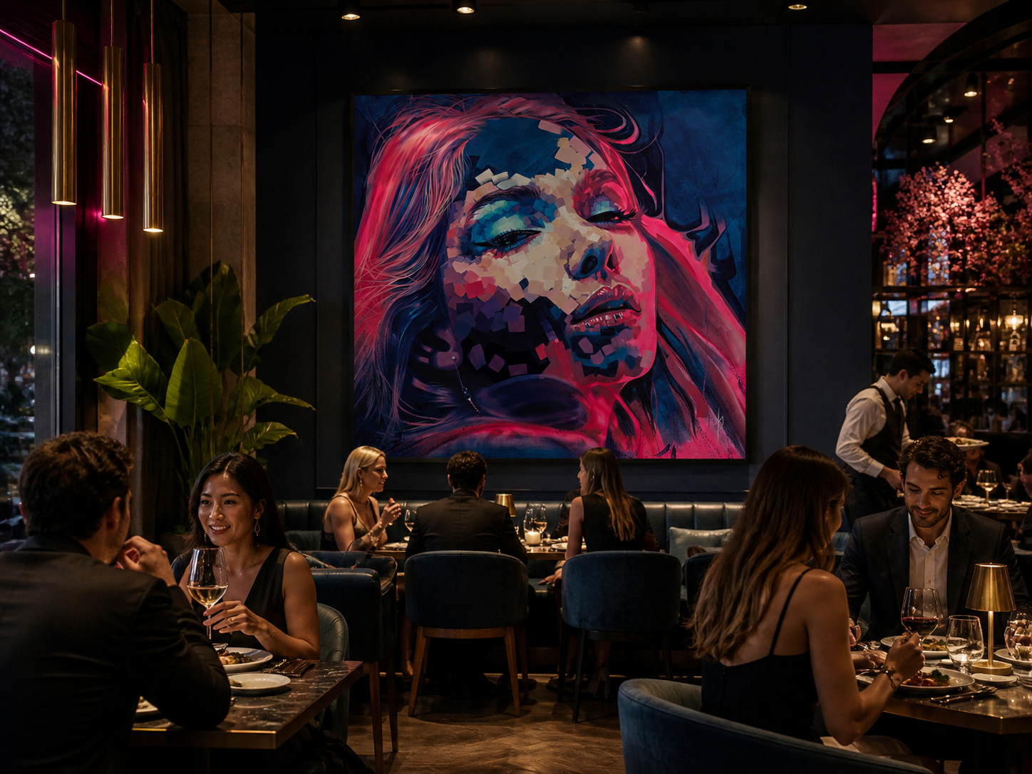 Neon Dreams print by Michelle Kohler shown in a restaurant (room mockup)