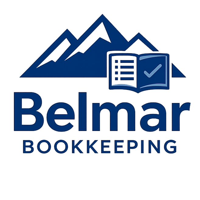 Logo for Belmar Bookkeeping featuring mountain peaks and an open book with a checkmark.