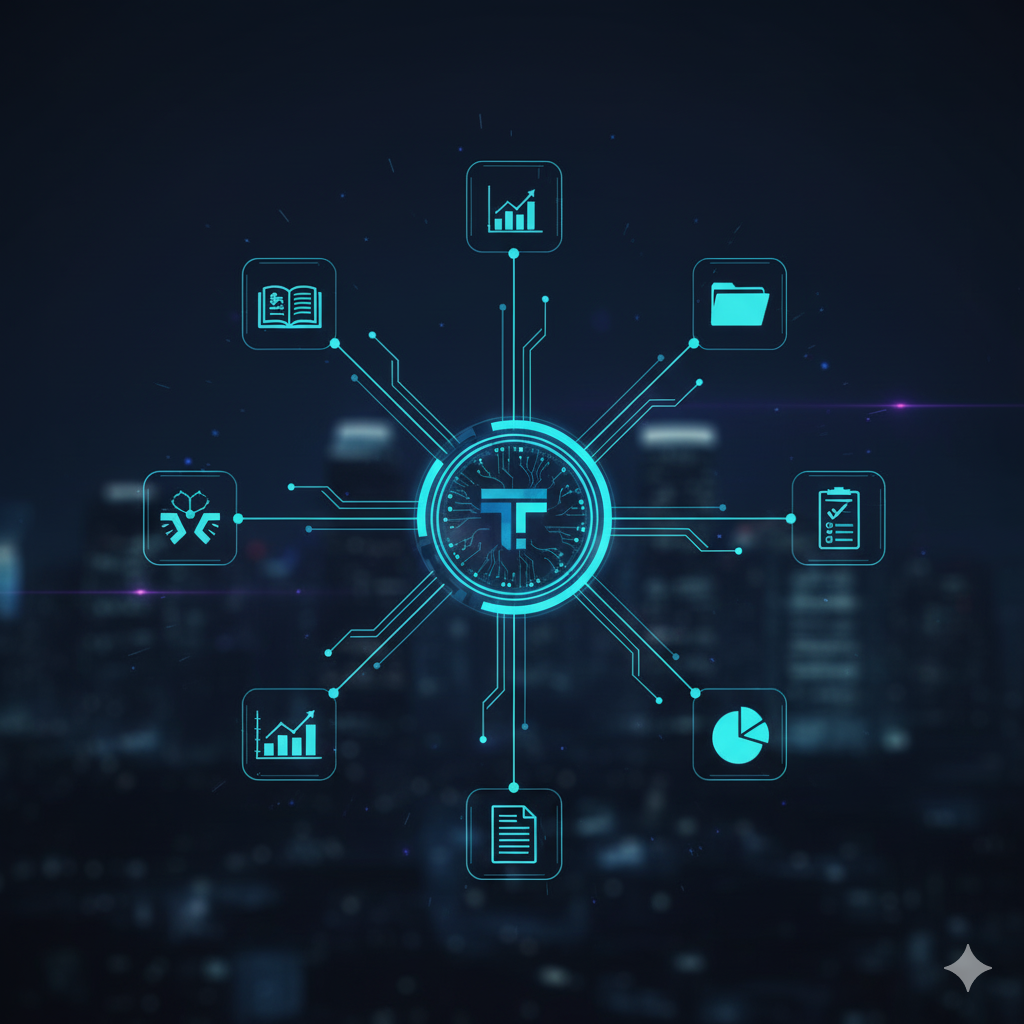 Digital infographic showing a central icon with various icons connected around it, representing data analysis, growth, statistics, documents, folders, and charts, set against a cityscape at night.
