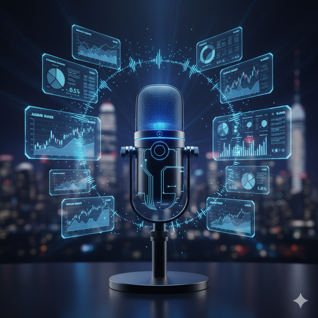 A futuristic microphone surrounded by floating digital financial charts and data graphs against a city skyline at night.