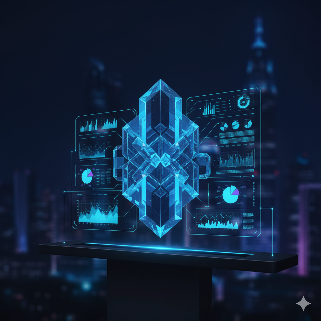 A digital hologram of a crystal-like structure surrounded by charts and graphs floating in a futuristic cityscape at night.