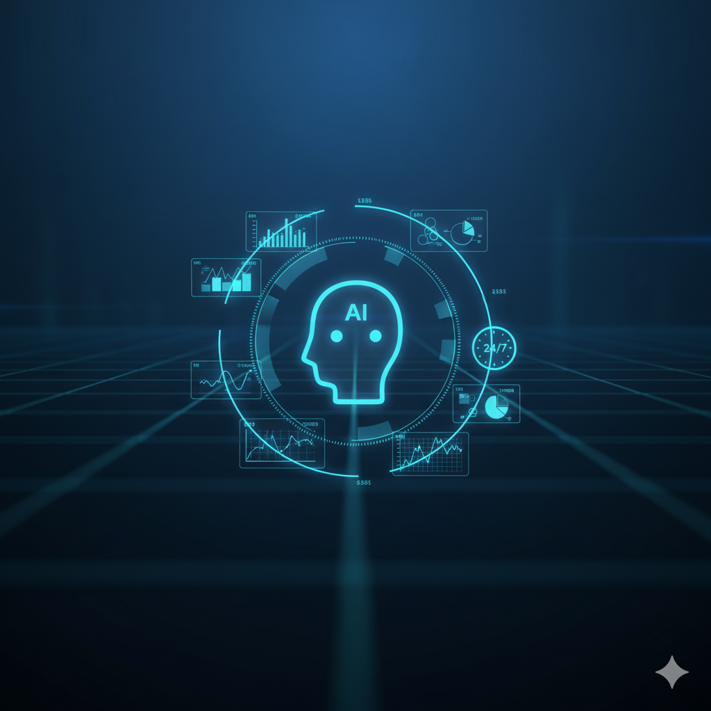Digital graphic of AI brain with data charts and graphs surrounding it in a futuristic style.