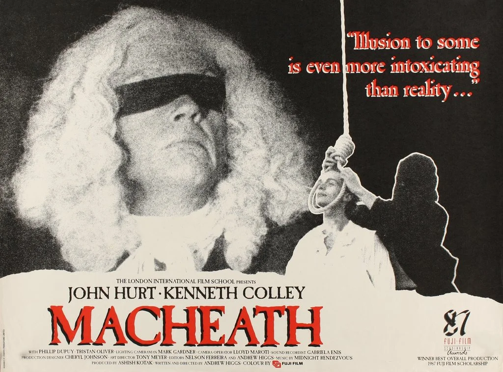 Black and white promotional poster for the film Macheath showing a large face of a woman with curly hair and sunglasses. To the right, there is a man with a bag over his head with a woman in front of him, with a noose hanging above them. The quote in red reads, "Illusion to some is even more intoxicating than reality..." The poster contains the film title in bold red letters and credits for the cast, crew, and production details.