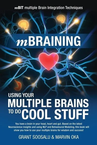 Book cover titled 'mBRaining' about using multiple brain techniques, featuring neural connections and a glowing heart.