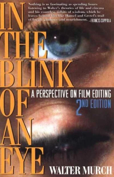 Book cover titled 'In the Blink of an Eye: A Perspective on Film Editing, 2nd Edition' by Walter Murch. The cover features a close-up of a person's eye with blue iris.