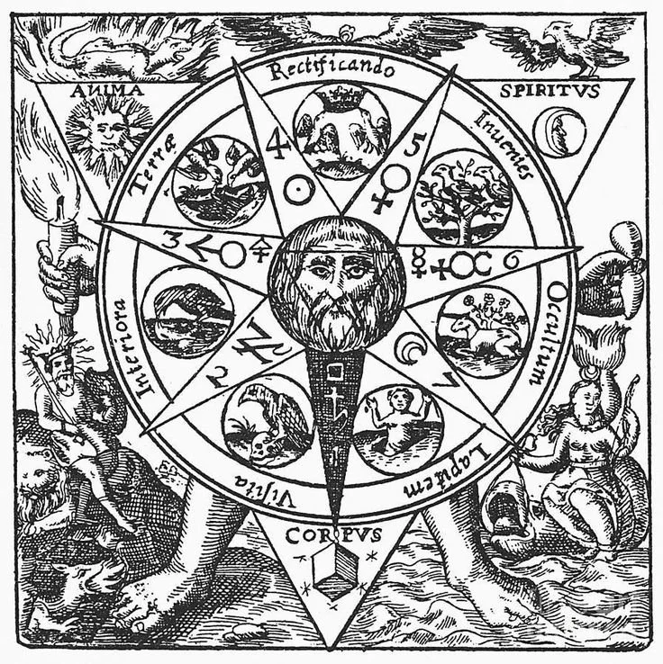 An old black and white engraving of a symbolic figure with a human face, surrounded by a complex diagram featuring circles, stars, and various symbolic images representing different elements like animals, nature, and celestial bodies.