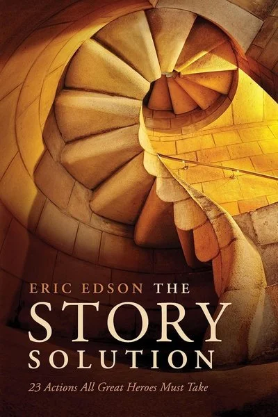 Cover of a book titled 'The Story Solution' by Eric Edson, featuring a spiral staircase viewed from above with warm lighting.
