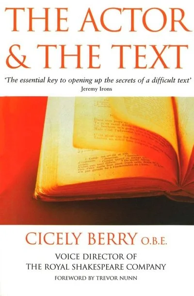 Book cover titled 'The Actor & The Text' by Cicely Berry, with a quote from Jeremy Irons and an image of an open book.