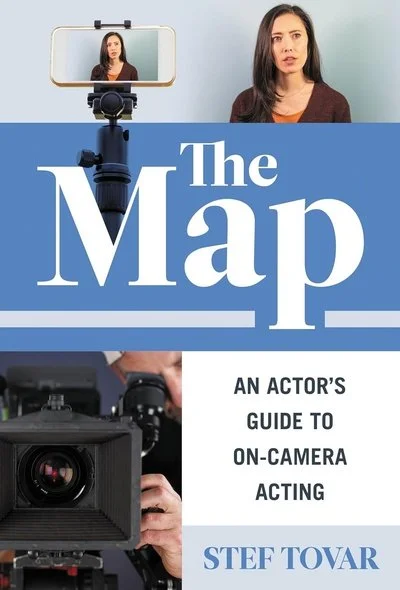 Book cover titled 'The Map: An Actor's Guide to On-Camera Acting' by Stef Tovar, featuring images of a woman being filmed and a cameraman.