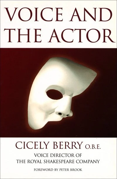 Book cover titled 'Voice and the Actor' by Cicely Berry featuring a white theatrical mask on a dark background.