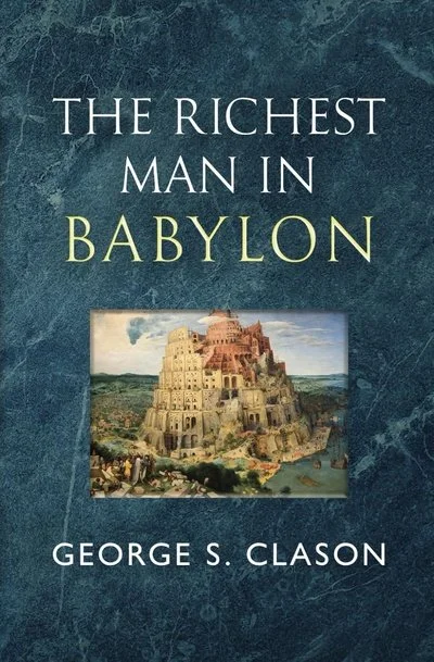 Book cover for "The Richest Man in Babylon" by George S. Clason, featuring an illustration of the Tower of Babel.