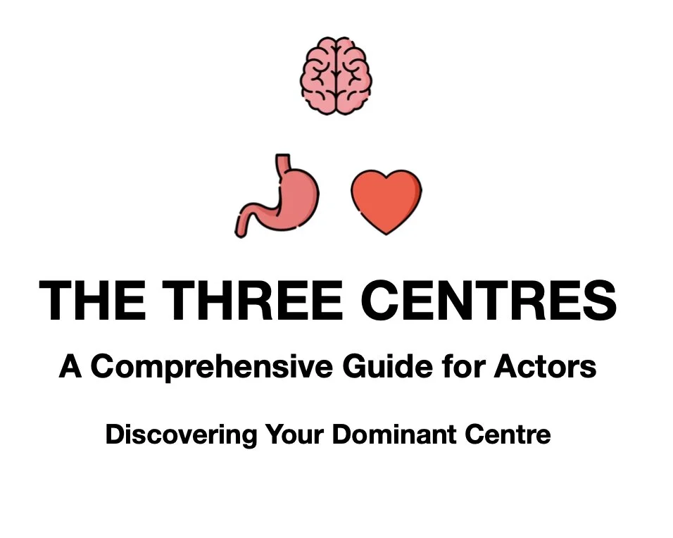Illustration of three organs: brain, stomach, and heart, with text "The Three Centres, A Comprehensive Guide for Actors, Discovering Your Dominant Centre".