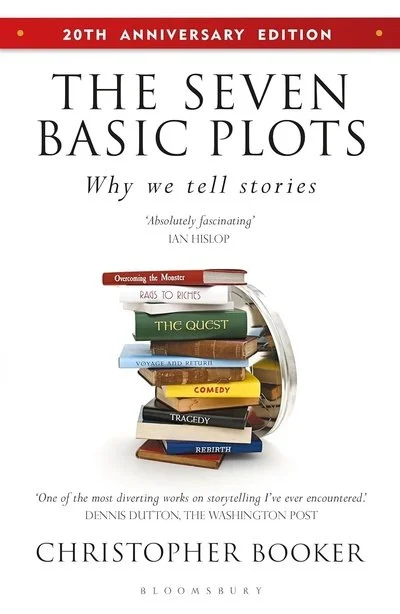 Cover of a book titled 'The Seven Basic Plots: Why we tell stories' by Christopher Booker, featuring a stack of books with various titles, including 'Overcoming the Monster,' 'Rags to Riches,' 'The Quest,' 'Voyage and Return,' 'Comedy,' 'Tragedy,' and 'Rebirth.'