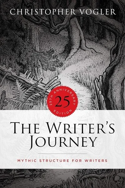 Book cover titled "The Writer's Journey" by Christopher Vogler, 25th anniversary edition, featuring an illustration of a forest scene with trees and dense foliage.